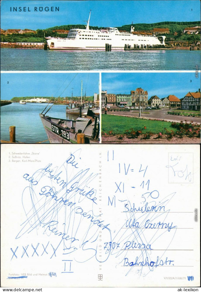 Ansichtskarte Bergen (Rügen) Schwedenfähre, Hafen, Karl-Marx-Platz 1971 - Sassnitz