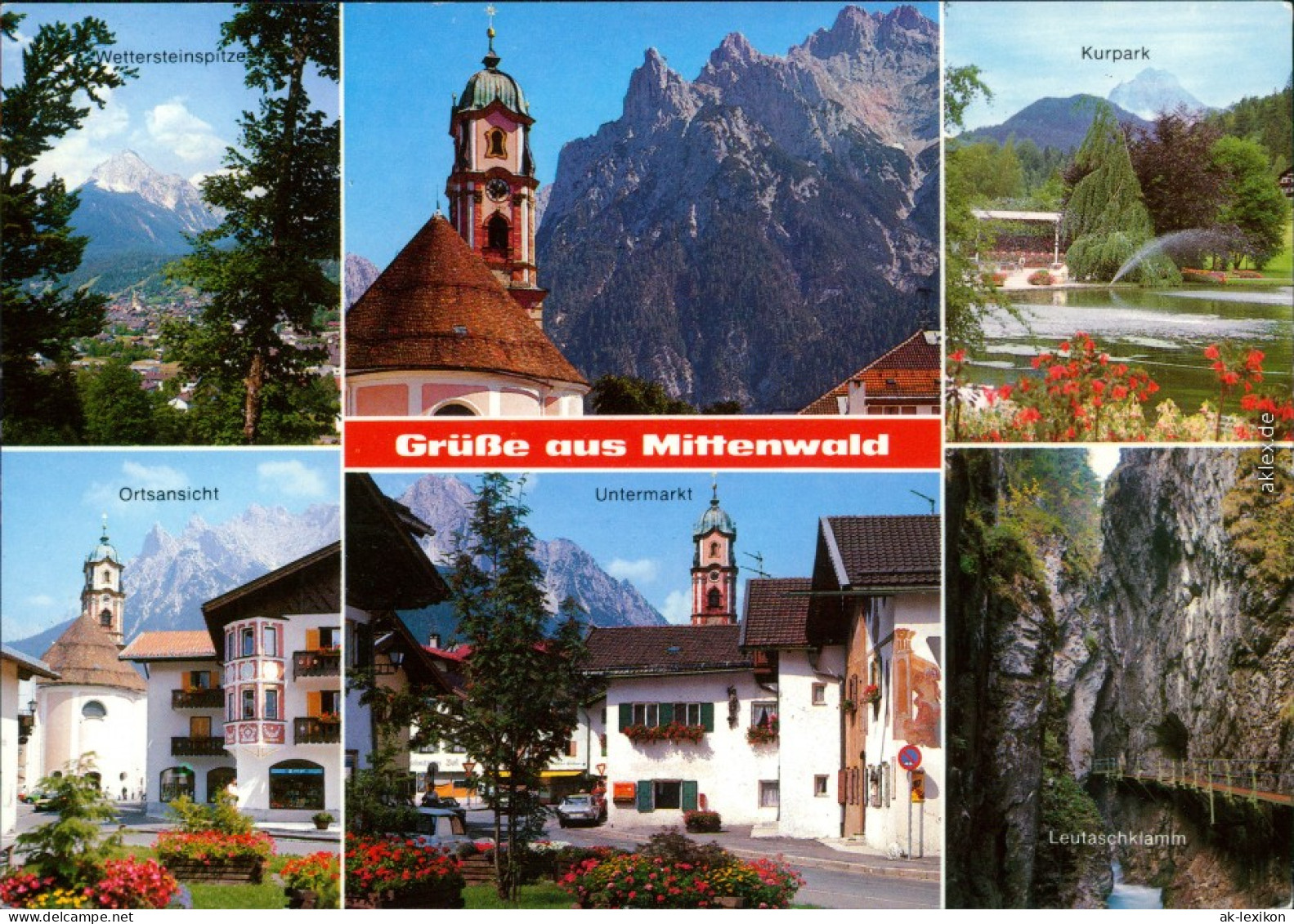 Mittenwald Wettersteinspitze, Kirche, Kurpark Untermark, Leutaschklamm 1988 - Mittenwald