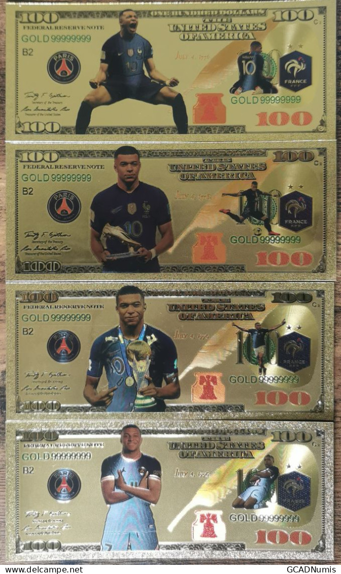 Lot 4 Billets 100 Dollars Commémoratifs Kilian MBAPPE Paris PSG FFF Polymère Or - Autres & Non Classés