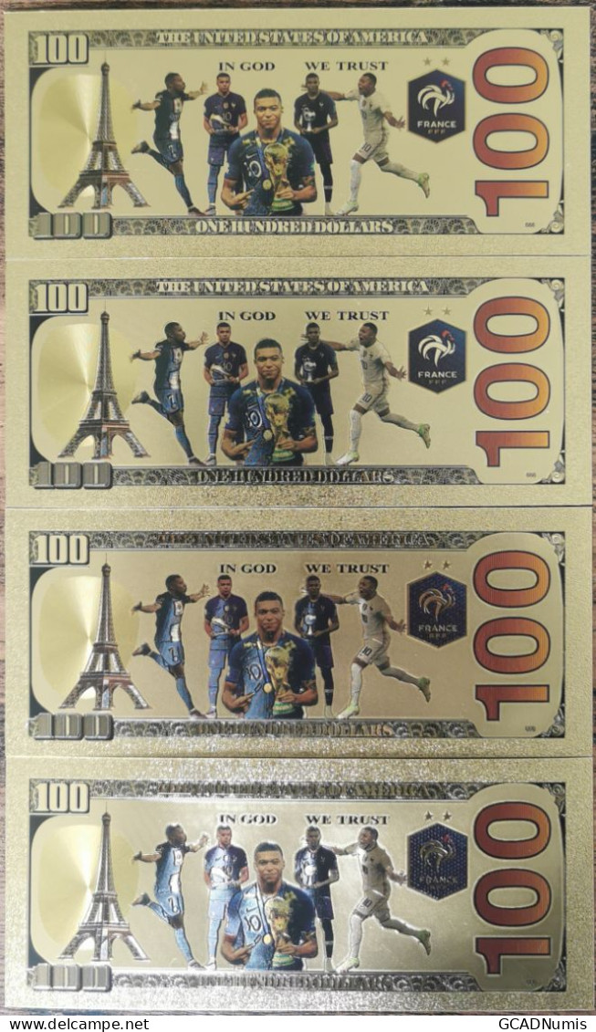 Lot 4 Billets 100 Dollars Commémoratifs Kilian MBAPPE Paris PSG FFF Polymère Or - Autres & Non Classés