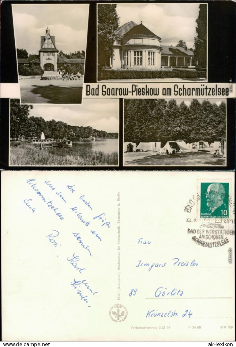 Ansichtskarte Bad Saarow Kirche, Moorbad, Dampferanlegestelle, Zeltplatz 1973 - Bad Saarow
