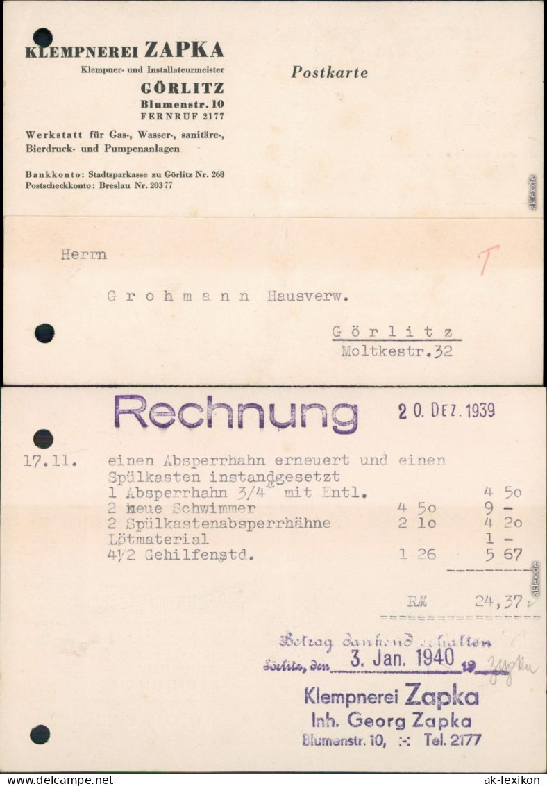 Görlitz Zgorzelec Klempnerei Zapka Blumenstraße 10 Rechnung 1939 - Goerlitz