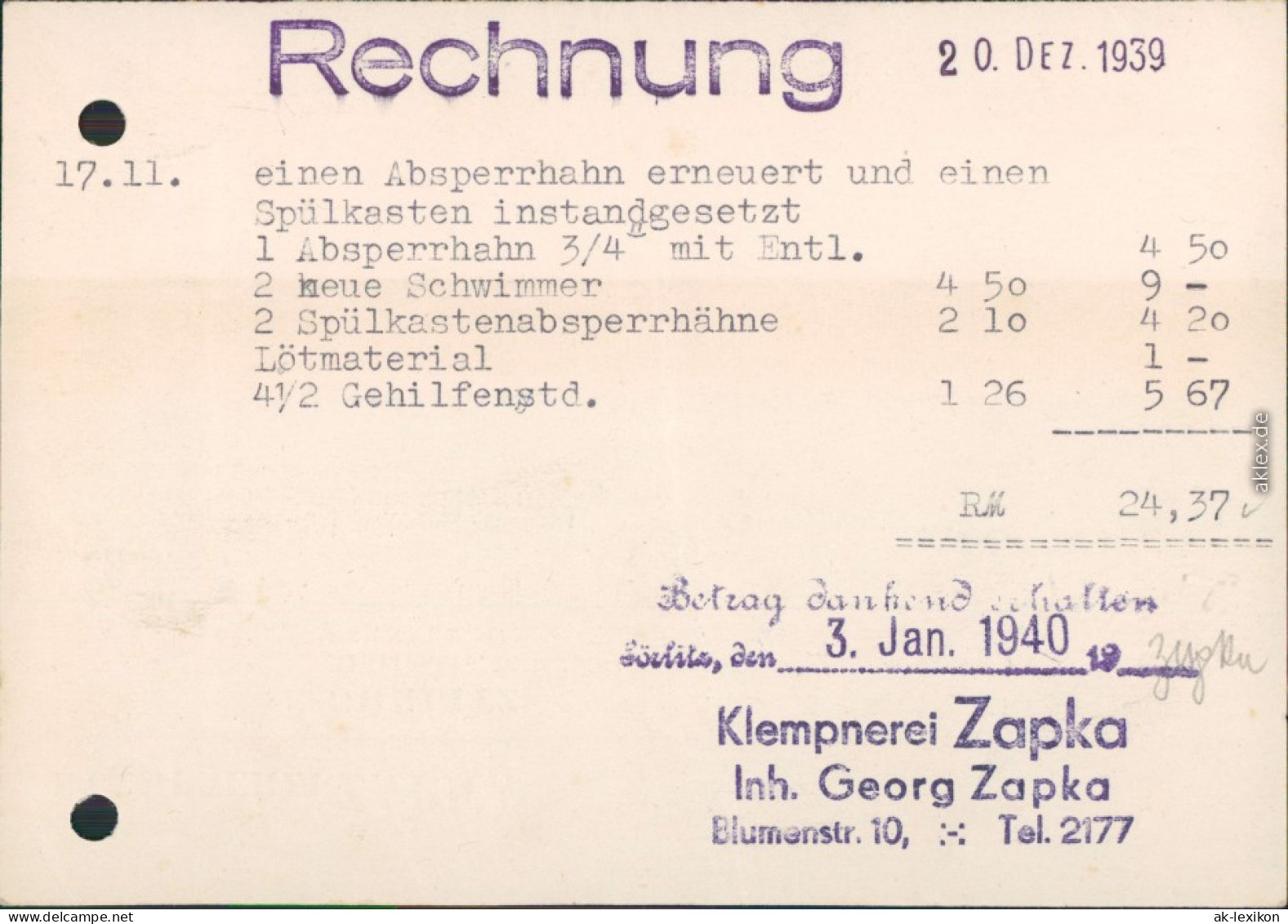 Görlitz Zgorzelec Klempnerei Zapka Blumenstraße 10 Rechnung 1939 - Görlitz