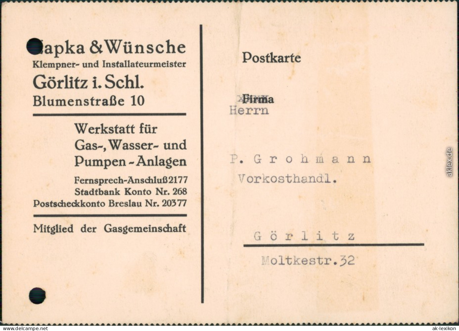 Görlitz Zgorzelec Zapka&Wünsche Klempnermeister Blumenstraße 10 Werbekarte 1938 - Goerlitz