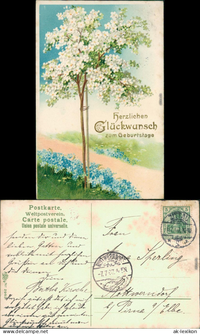  Glückwunsch/Grußkarten: Geburtstag - Blühender Baum 1907 Prägekarte - Birthday