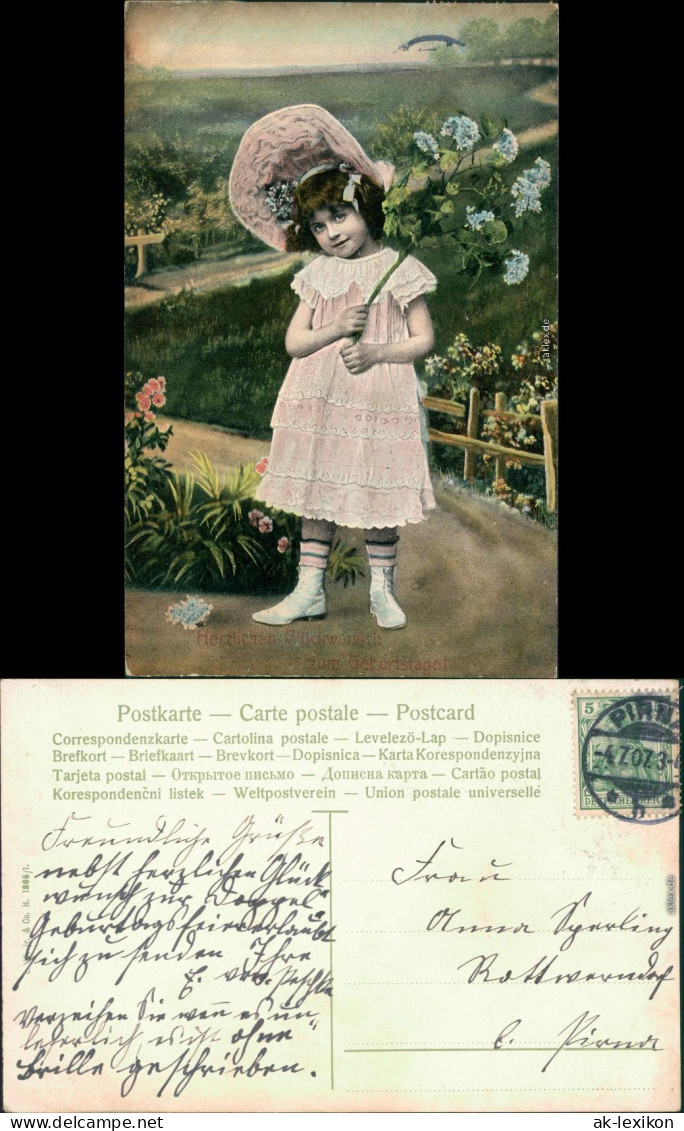 Ansichtskarte  Glückwunsch/Grußkarten: Geburtstag - Mädchen Mit Blumen 1907 - Compleanni