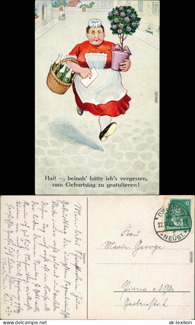  Glückwunsch/Grußkarten: Geburtstag - Frau Mit Baum Und Sektkorb 1928 - Birthday