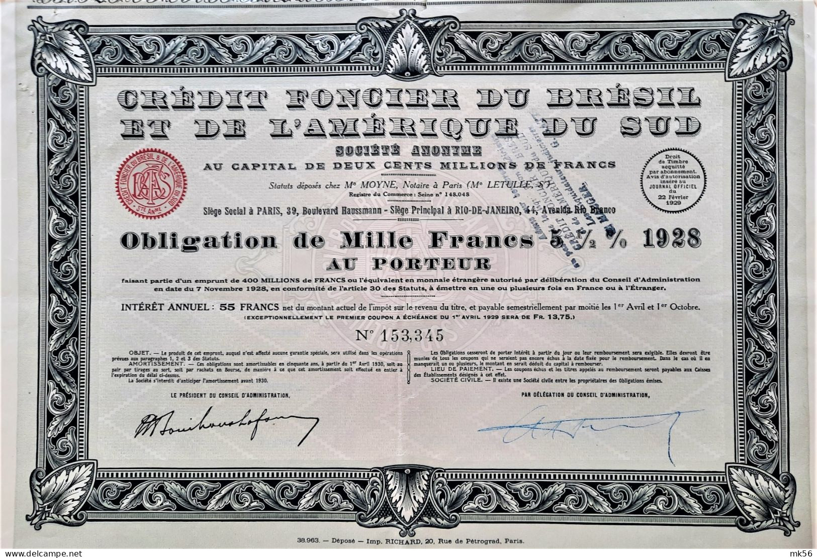 S.A. Credit Foncier Du Brésil Et De L'Amérique Du Sud  - 1928 - Obligation De 1000 Francs 5% - Banque & Assurance