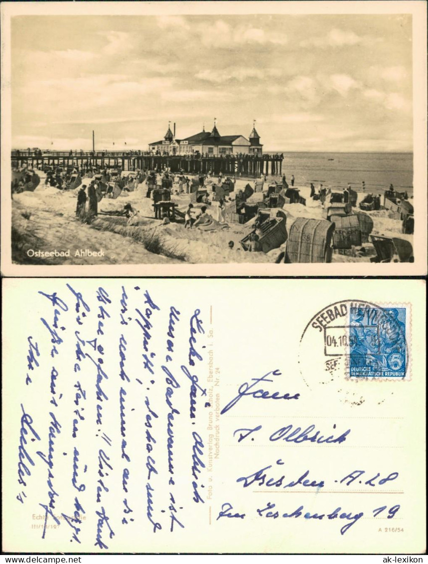 Ansichtskarte Ahlbeck (Usedom) Strand Mit Seebrücke 1954 - Other & Unclassified