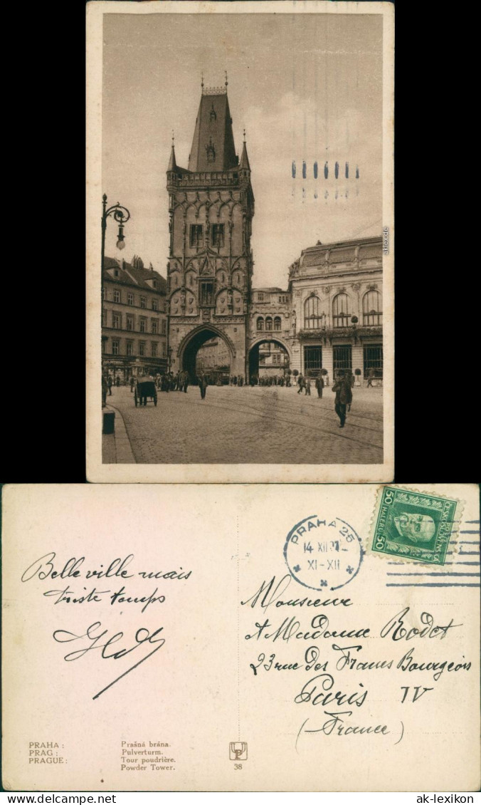 Postcard Prag Praha Prašná Brána/Prager Pulverturm Belebt 1927 - Tschechische Republik