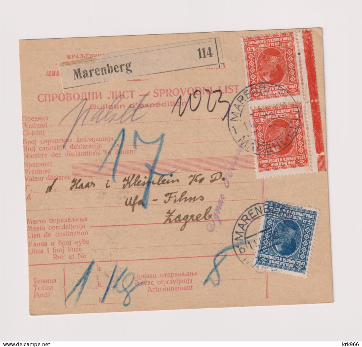 YUGOSLAVIA, MARENBERG 1930  Parcel Card - Lettres & Documents