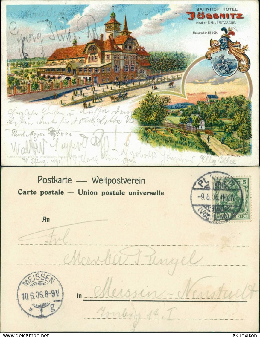 Litho AK Jößnitz-Plauen (Vogtland)   Heraldik Bahnhofs Hotel, Schloss 1906 - Plauen