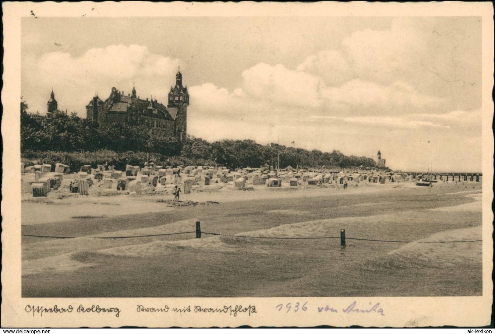 Postcard Kolberg Kołobrzeg Strand Und Strandschloss 1936  - Pommern