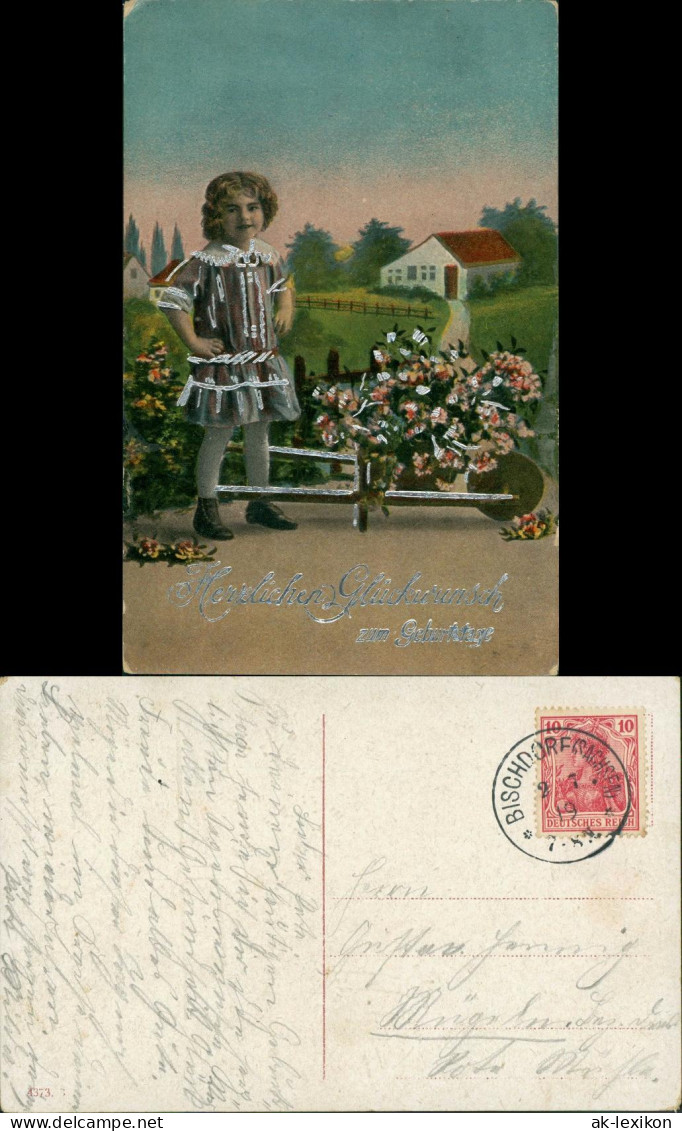 Ansichtskarte  Silber-Präge AK Kind Mit Blumen-Schubkarre 1919 Silberrand - Birthday