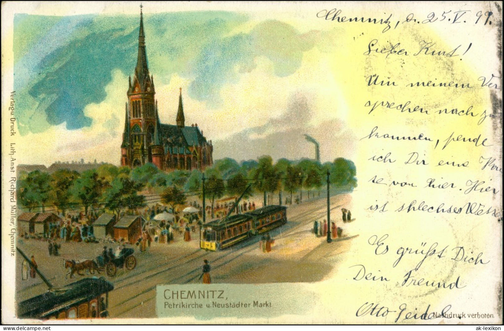 Chemnitz Neustädter Markt. Markttreiben Straßenbahn Künstlerkarte 1899 - Chemnitz