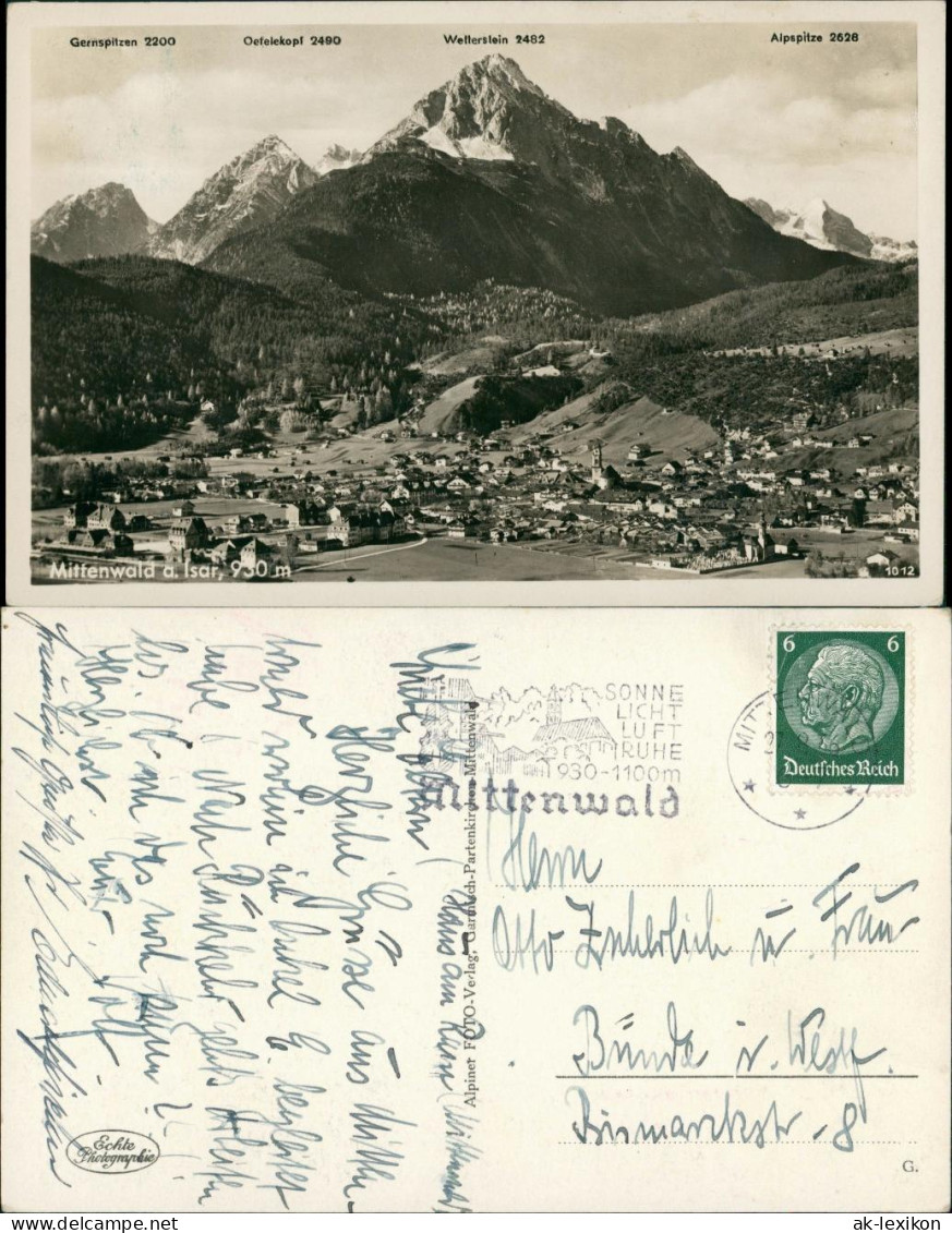 Mittenwald Panorama Des Ortes Mit Bergnamen, Gebirge, Alpen Berge 1936 - Mittenwald