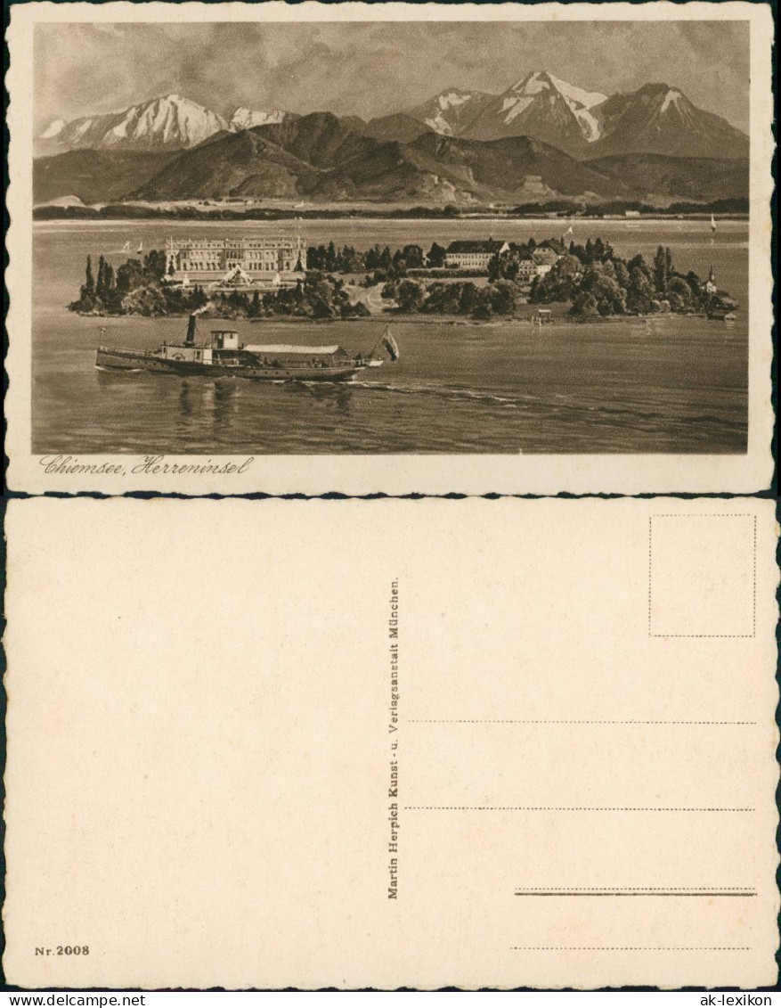 Chiemsee Chiemsee, Schiff Dampfer Passiert Herreninsel, Alpen Fernansicht 1920 - Chiemgauer Alpen