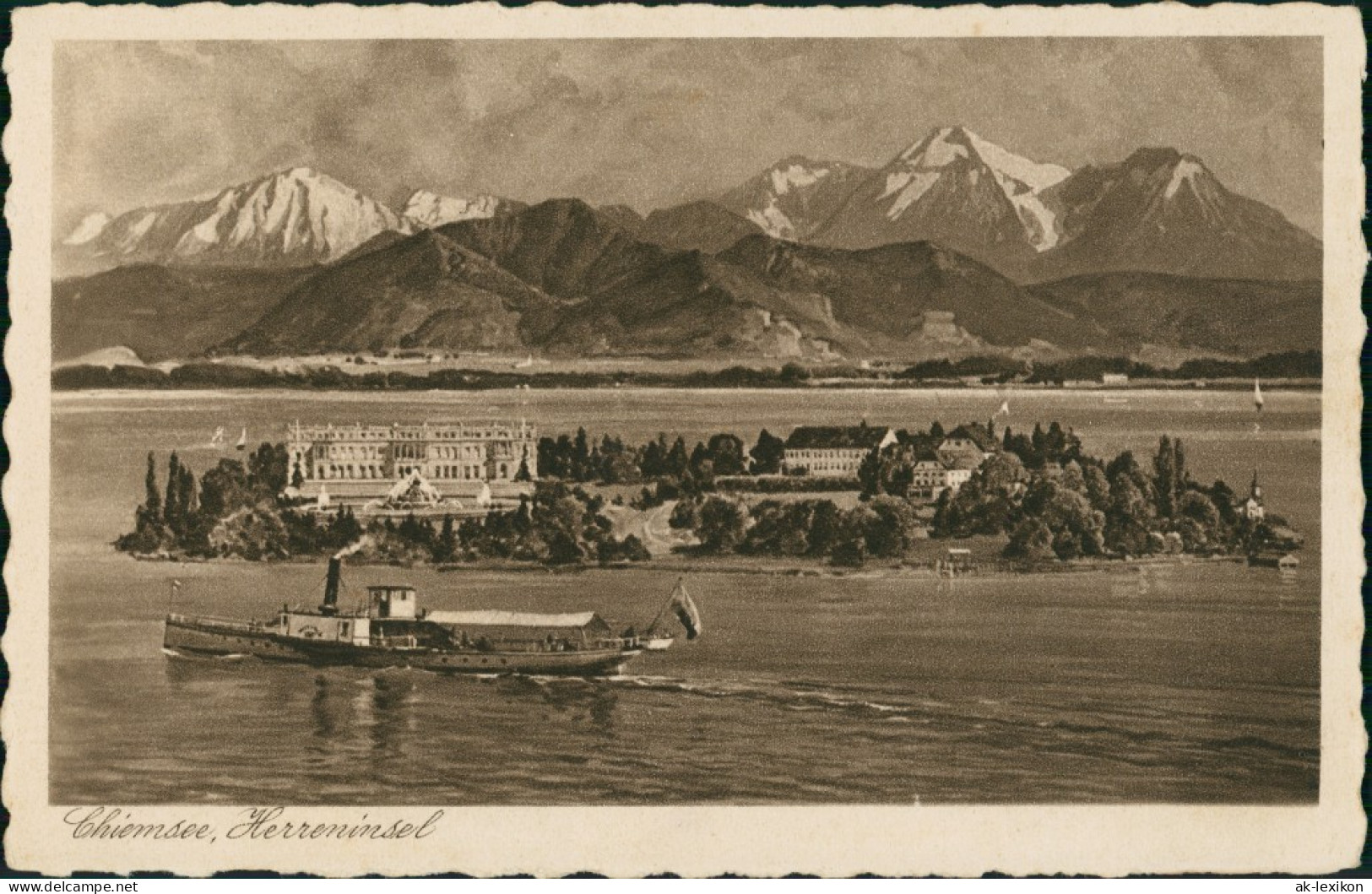 Chiemsee Chiemsee, Schiff Dampfer Passiert Herreninsel, Alpen Fernansicht 1920 - Chiemgauer Alpen