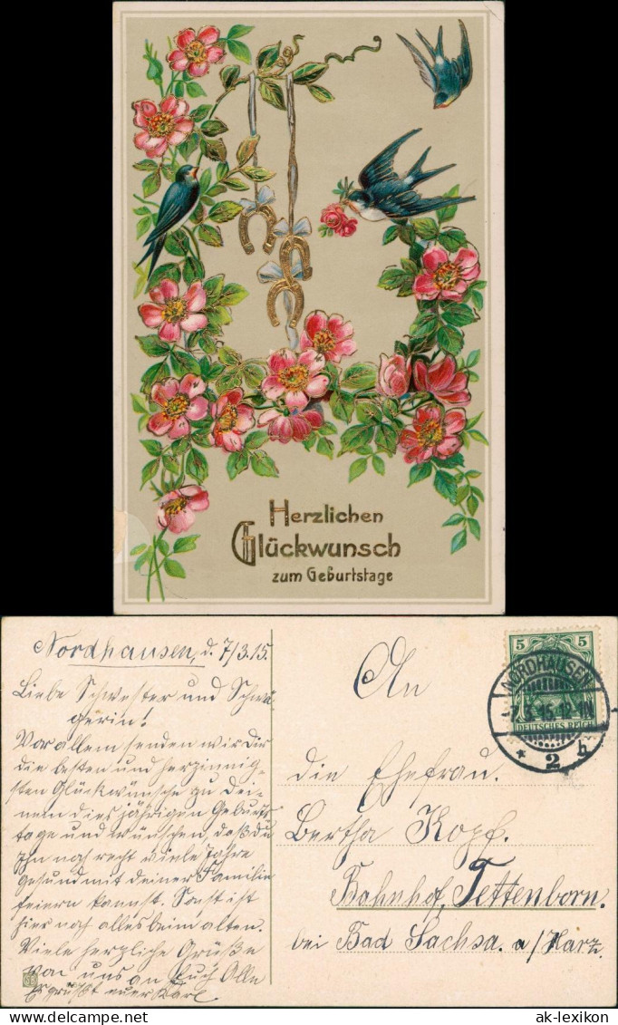 Ansichtskarte  Schwalben, Hufeisen Blumen 1915 Goldrand - Anniversaire