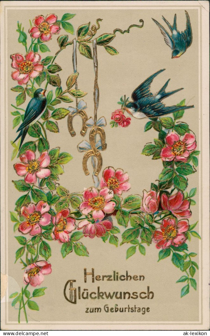 Ansichtskarte  Schwalben, Hufeisen Blumen 1915 Goldrand - Birthday