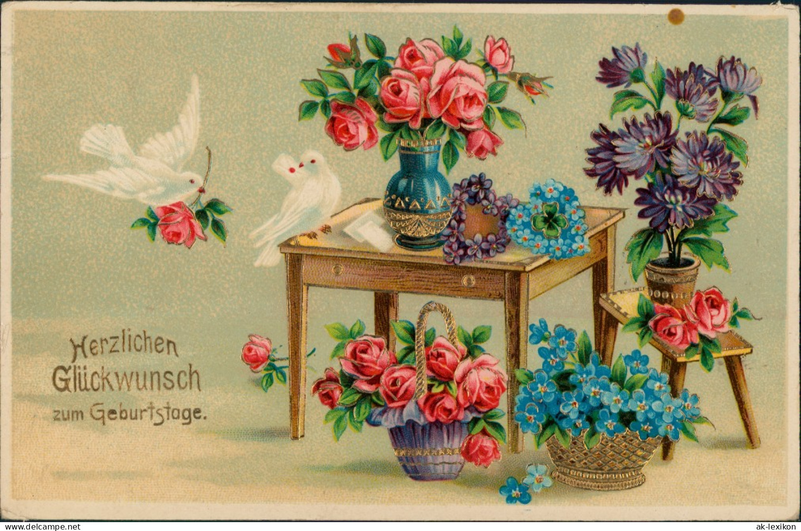 Tauben Fliegen Zum Gabentisch Glückwunsch/Grußkarten: Geburtstag 1914 Goldrand - Compleanni