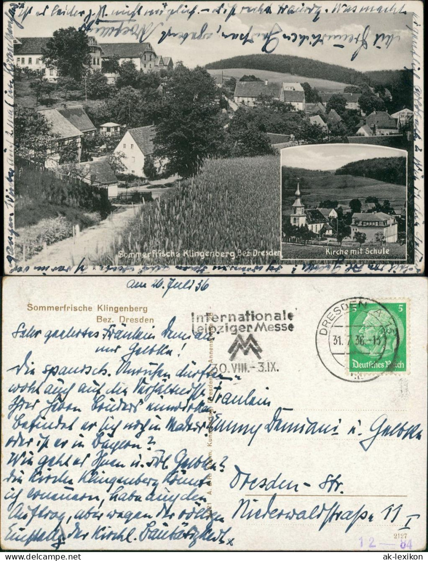 Ansichtskarte Klingenberg (Sachsen) 2 Bild: Kirche, Schule - Stadtpartie 1936 - Klingenberg (Sachsen)