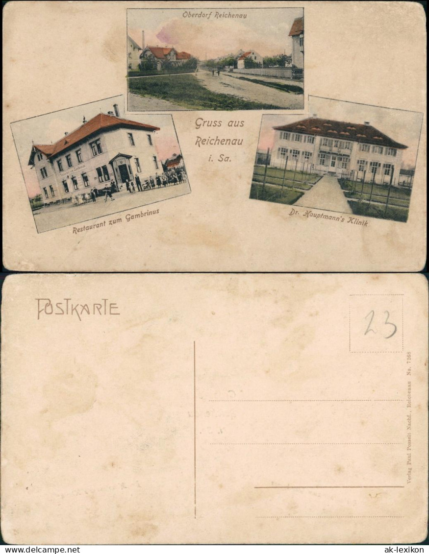 Reichenau Sachsen Bogatynia 3 Bild: Oberdorf, Klinik, Restaurant Gambrinus 1909 - Schlesien