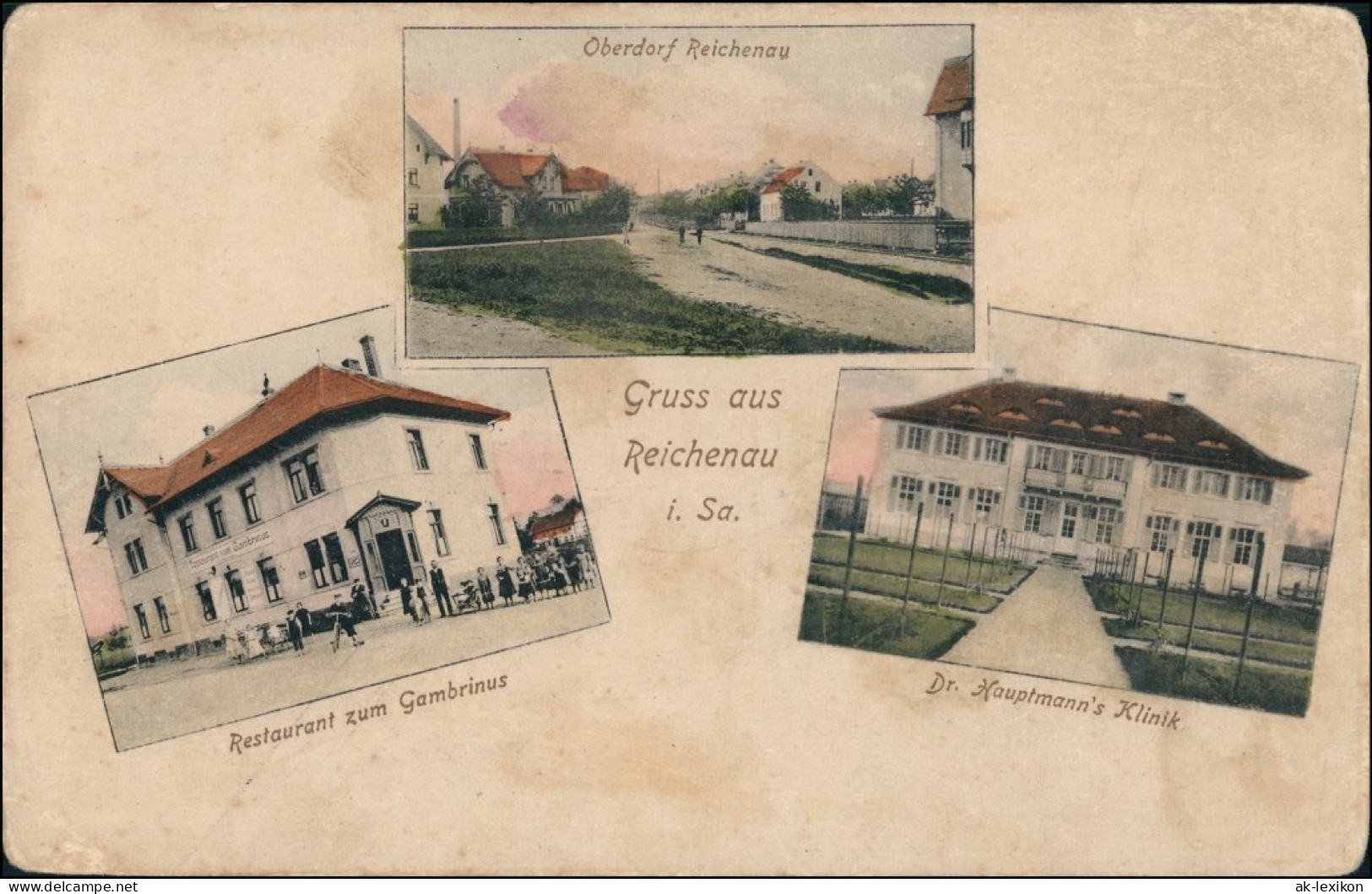 Reichenau Sachsen Bogatynia 3 Bild: Oberdorf, Klinik, Restaurant Gambrinus 1909 - Schlesien