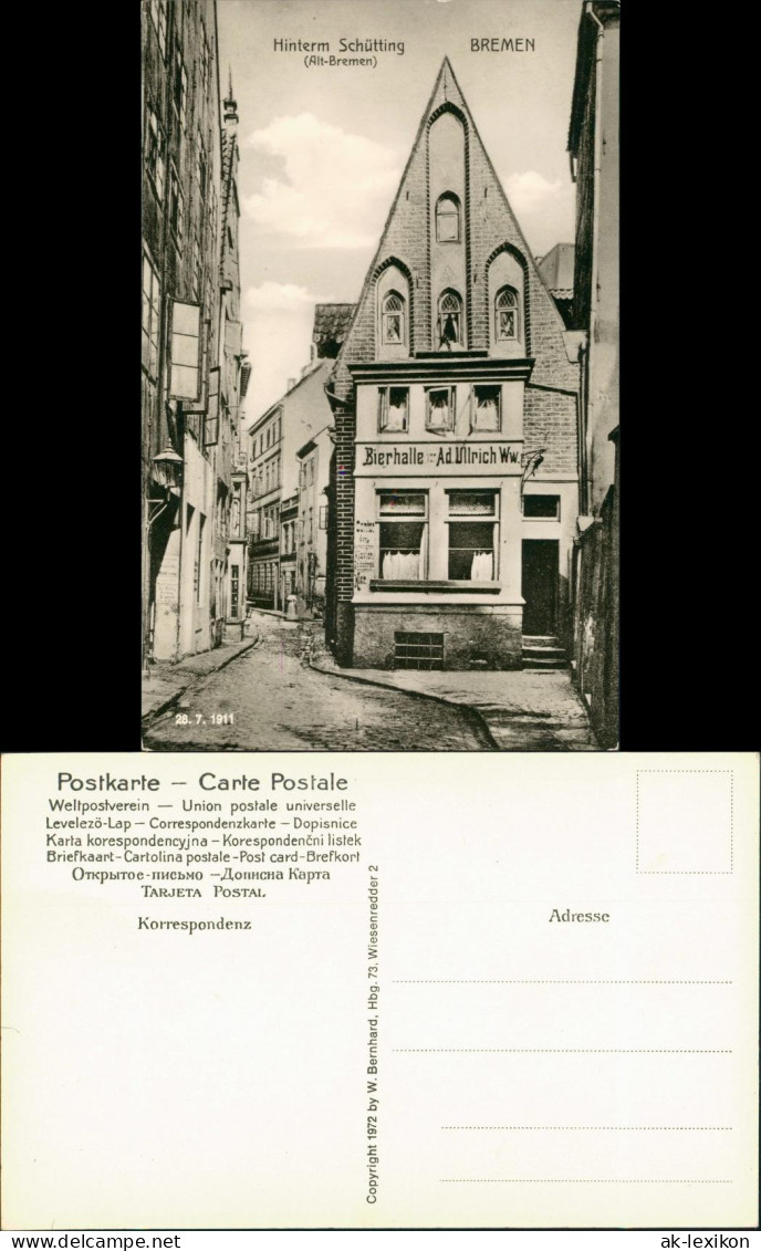 Ansichtskarte Bremen Bierhalle Ullrich - Straße Schütting REPRO 1911/1972 - Bremen