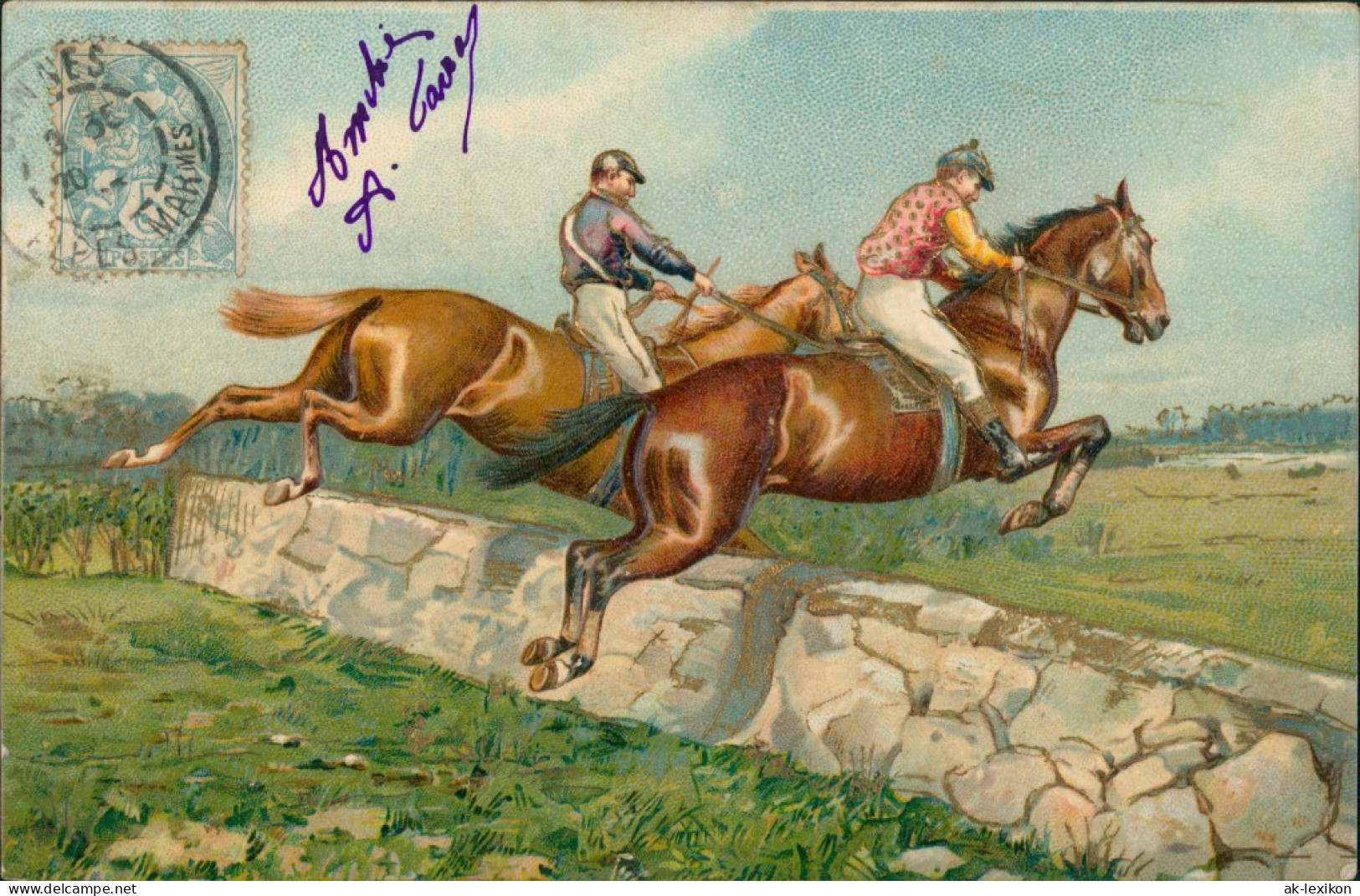 Künstlerkarte Pferde Sport Springen über Hindernis 1910 Prägekarte - Horse Show