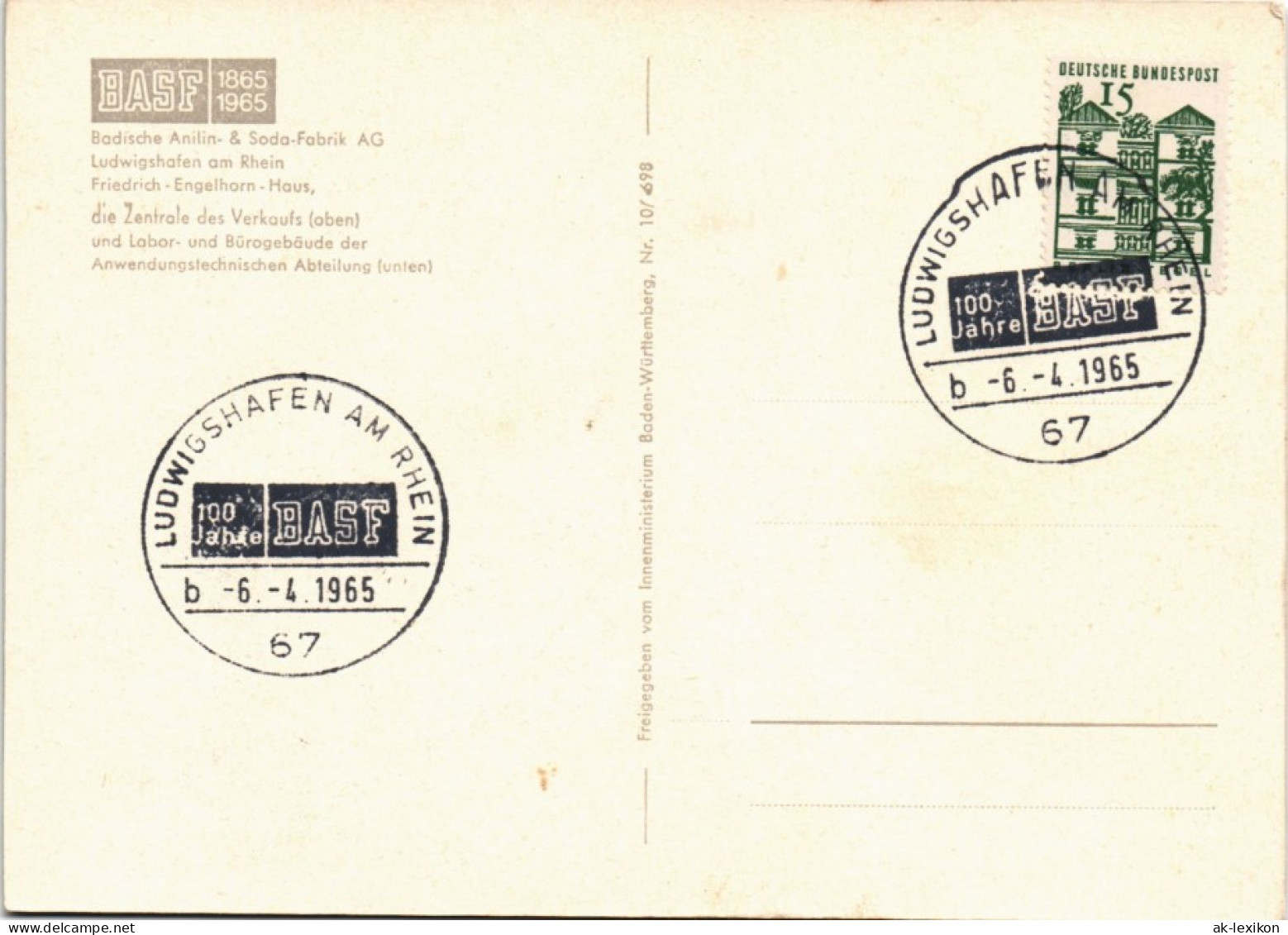 Ansichtskarte Ludwigshafen Luftbild BASF 100 Jahre Sonderstempel 1965 - Ludwigshafen