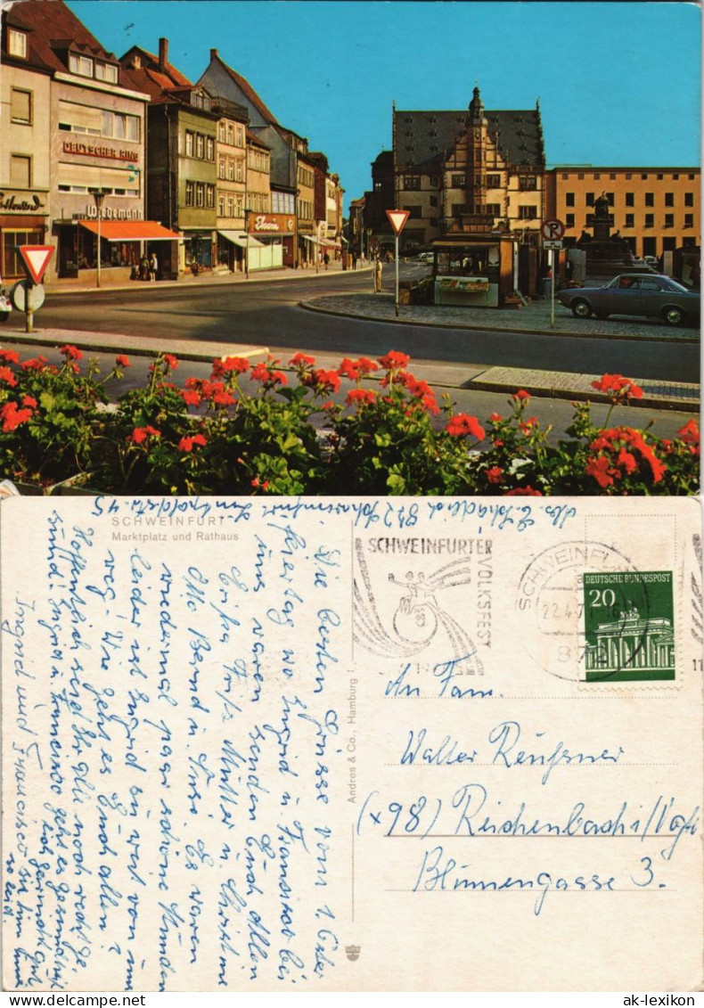 Ansichtskarte Schweinfurt Rathaus Marktplatz Kiosk & Geschäfte 1970 - Schweinfurt