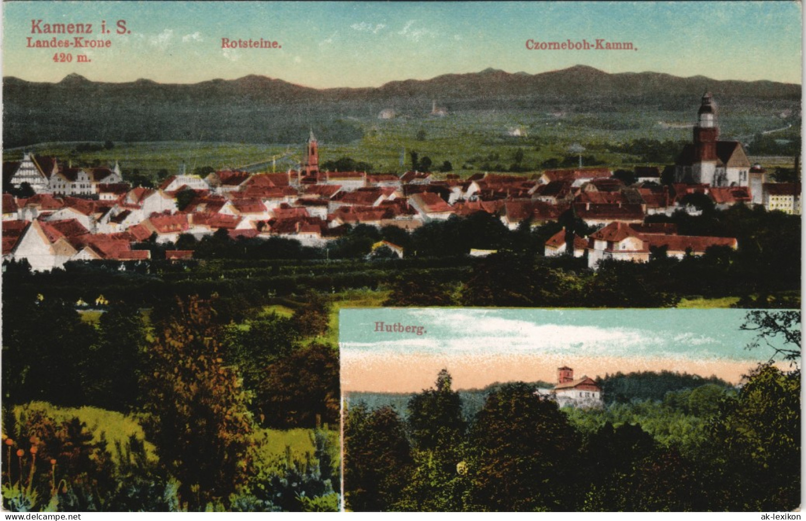 Ansichtskarte Kamenz Kamjenc 2 Bild: Stadt Und Hutberg 1913 - Kamenz