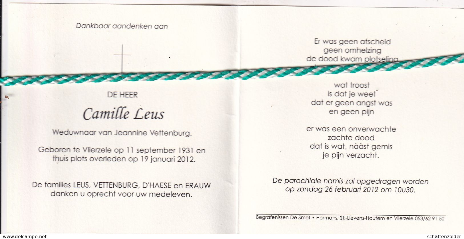 Camille Leus-Vettenburg, Vlierzele 1931, 2012. Foto - Décès