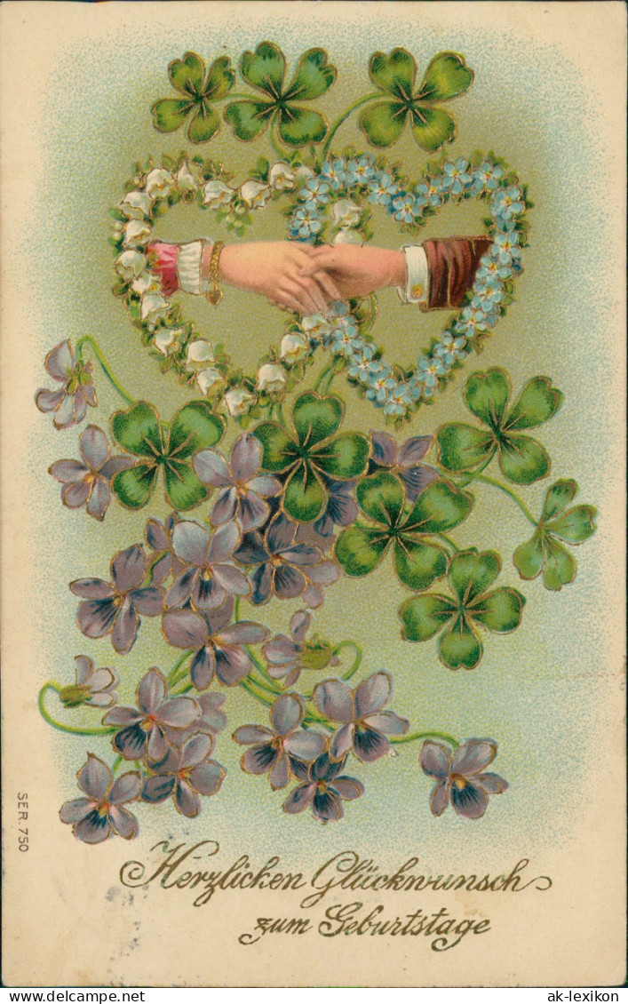 Glückwunsch Geburtstag Birthday Kleeblätter Blumenherzen 1910  Prägekarte - Other & Unclassified