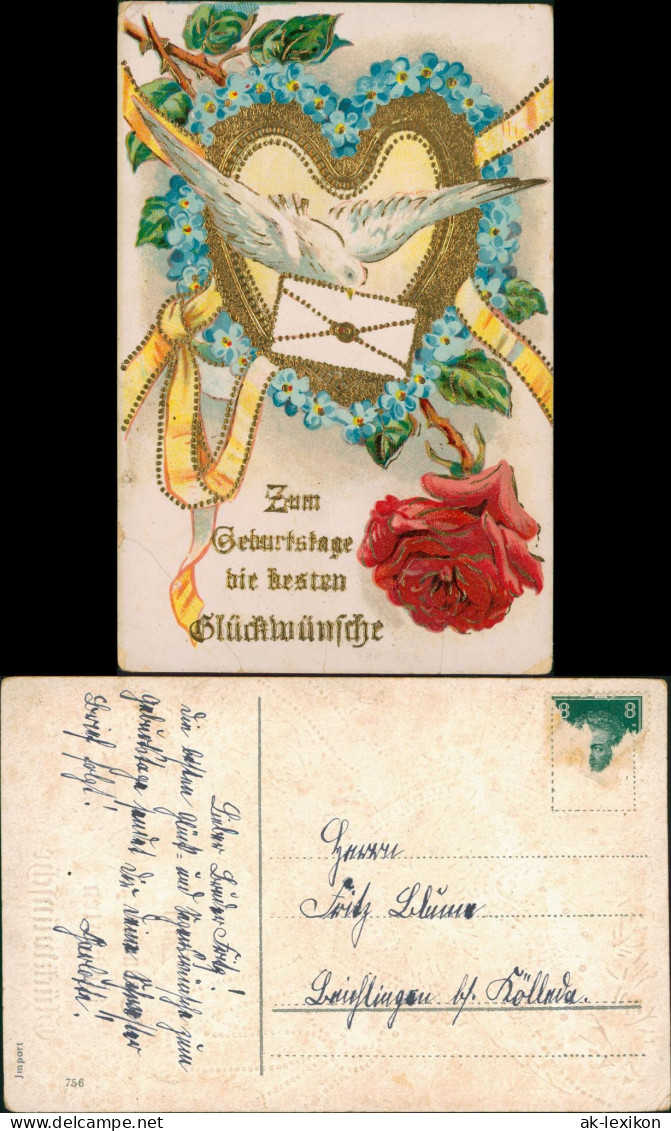 Glückwunsch Geburtstag Birthday Brieftaube Rose 1928 Goldrand/Prägekarte - Other & Unclassified