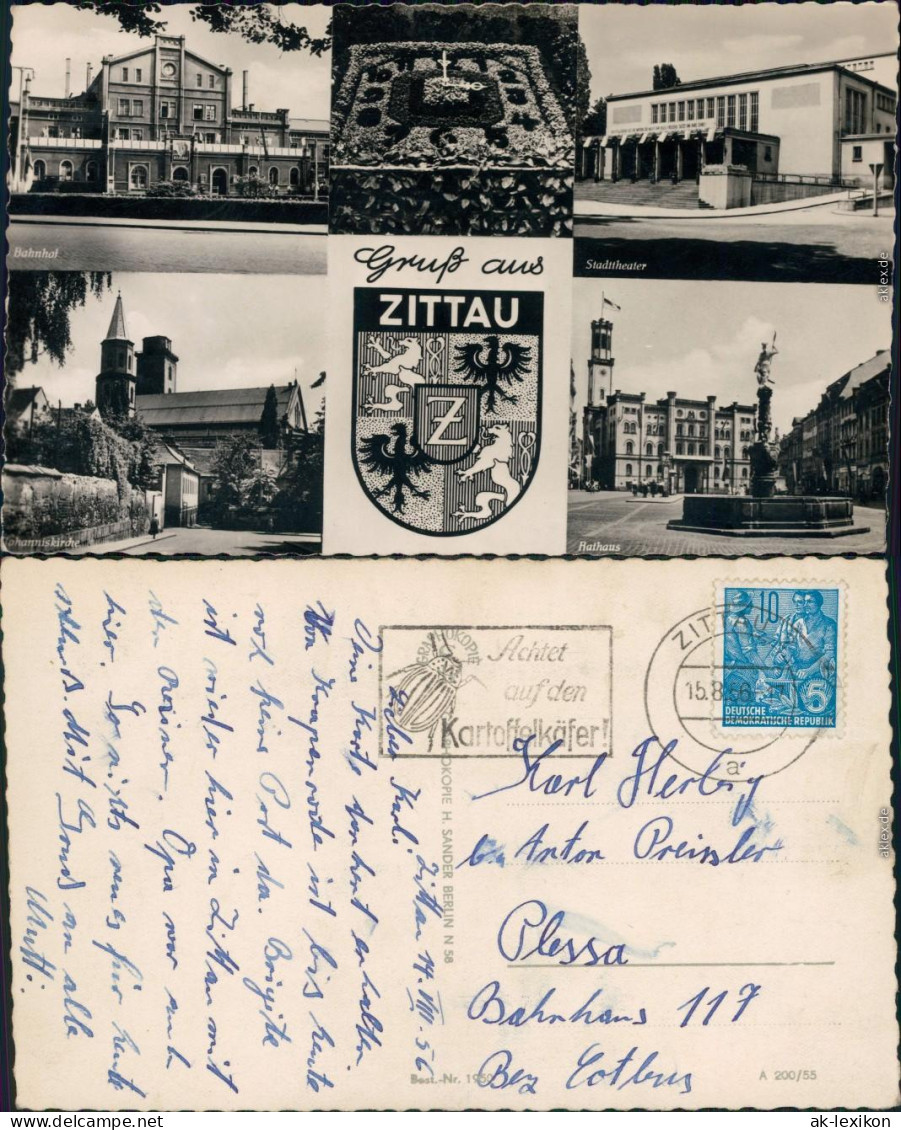 Zittau Bahnhof, Johanniskirche, Rathaus, Stadttheater, Blumenuhr 1955 - Zittau