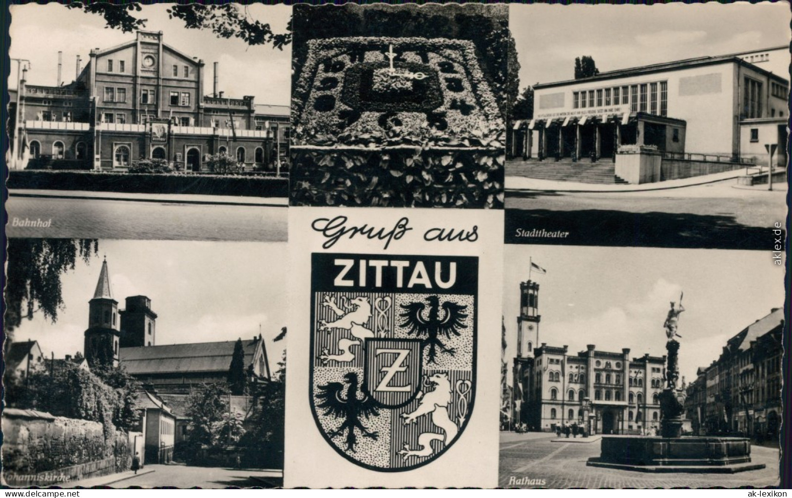 Zittau Bahnhof, Johanniskirche, Rathaus, Stadttheater, Blumenuhr 1955 - Zittau