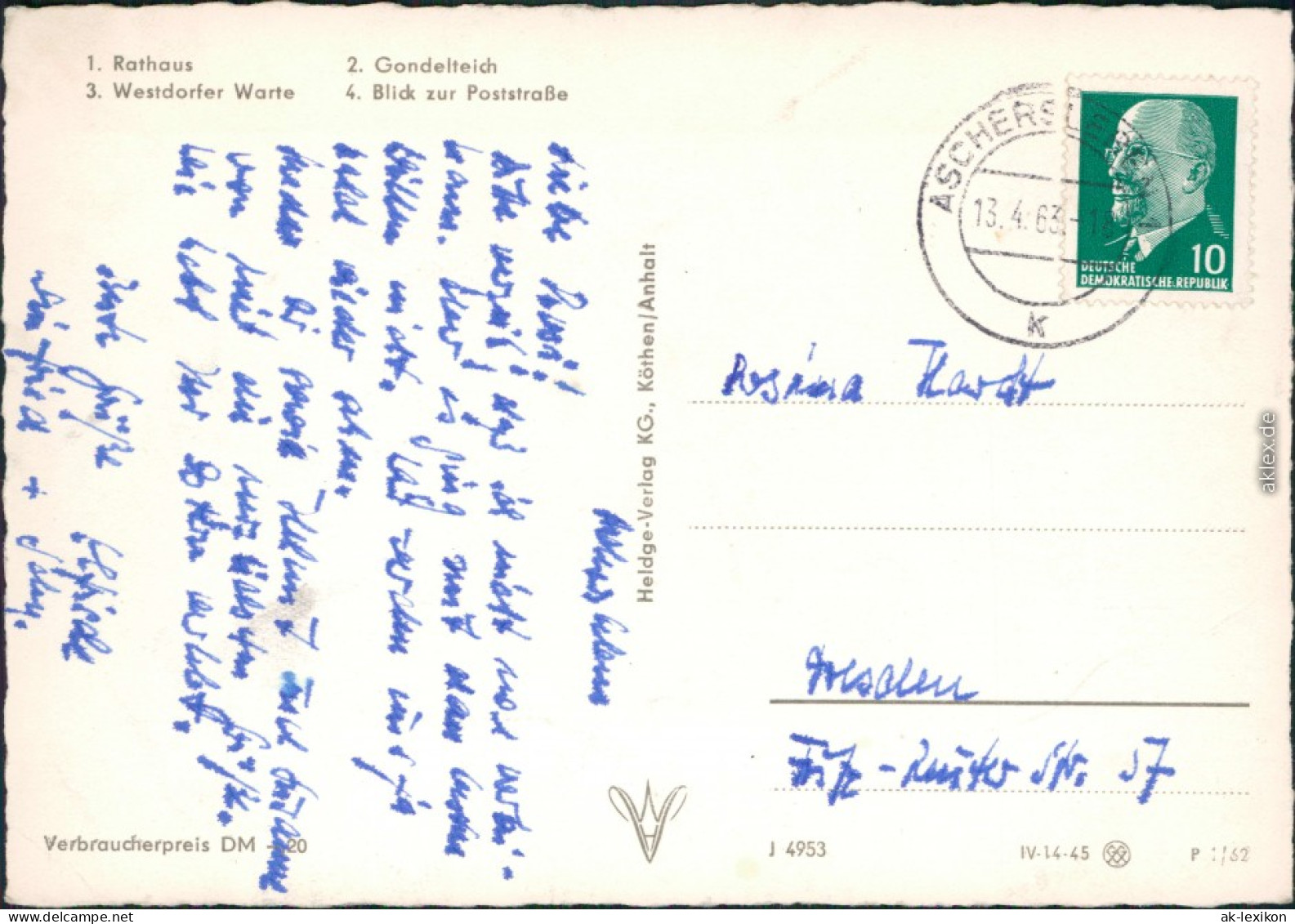 Aschersleben Rathaus, Gondelteich, Westdorfer Warte, Poststraße 1962 - Other & Unclassified