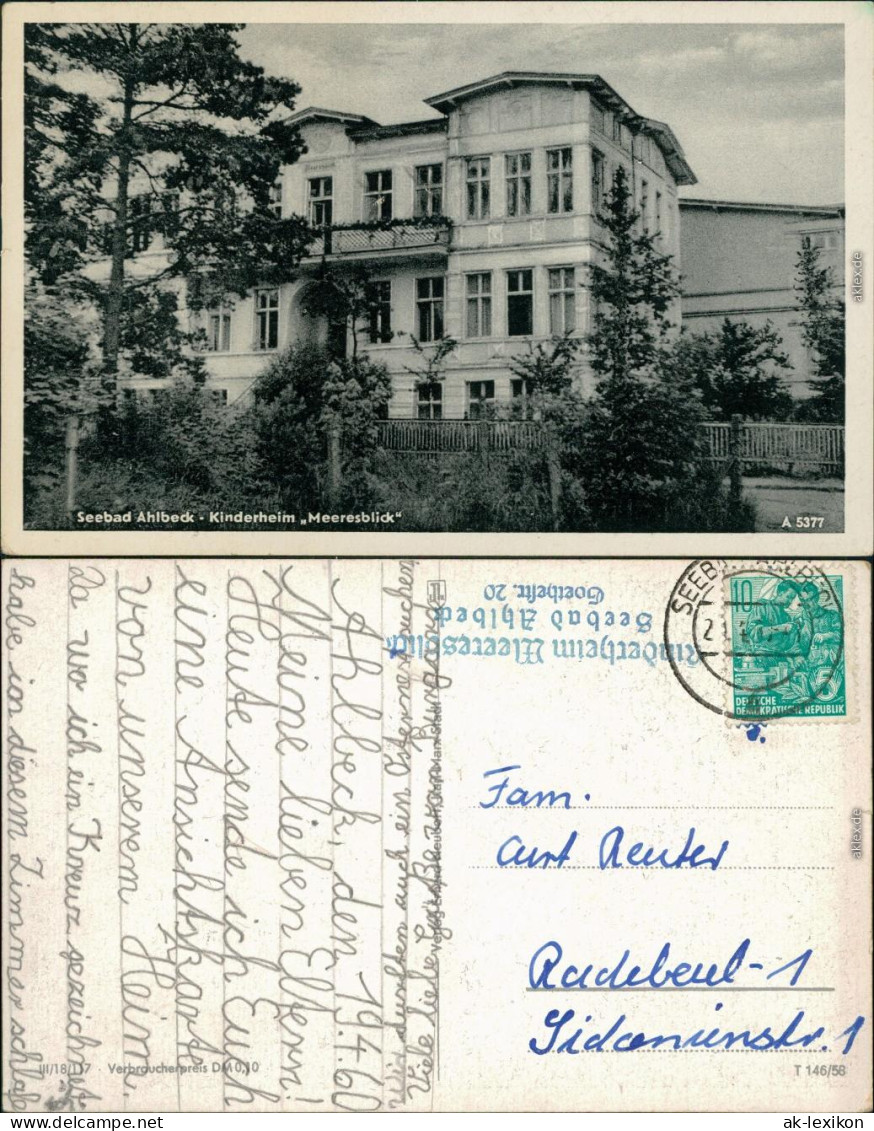 Ansichtskarte Ahlbeck (Usedom) Kinderheim "Meeresblick" 1958 - Autres & Non Classés