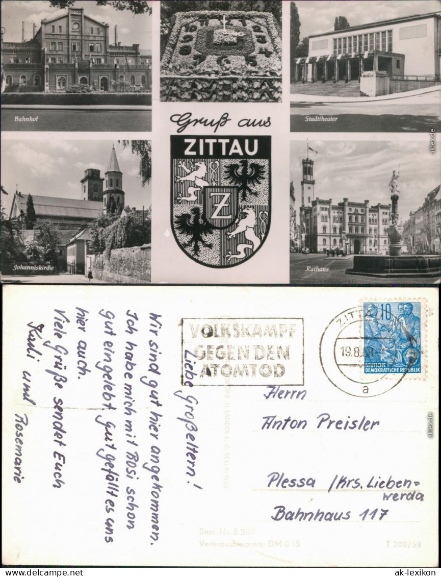 Ansichtskarte Zittau Bahnhof, Johanniskirche, Stadttheater, Rathaus G1958 - Zittau
