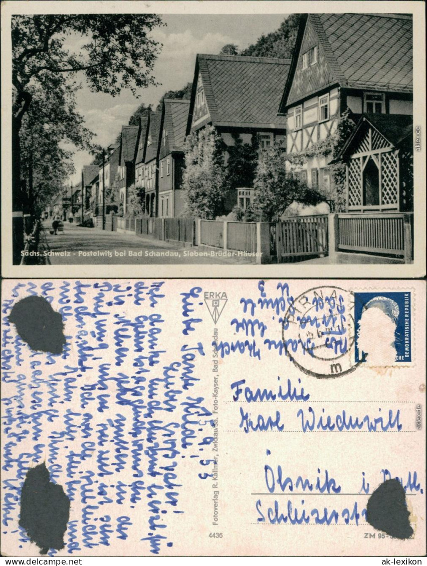 Ansichtskarte Postelwitz-Bad Schandau Straße, Sieben-Brüder-Häuser 1953 - Bad Schandau