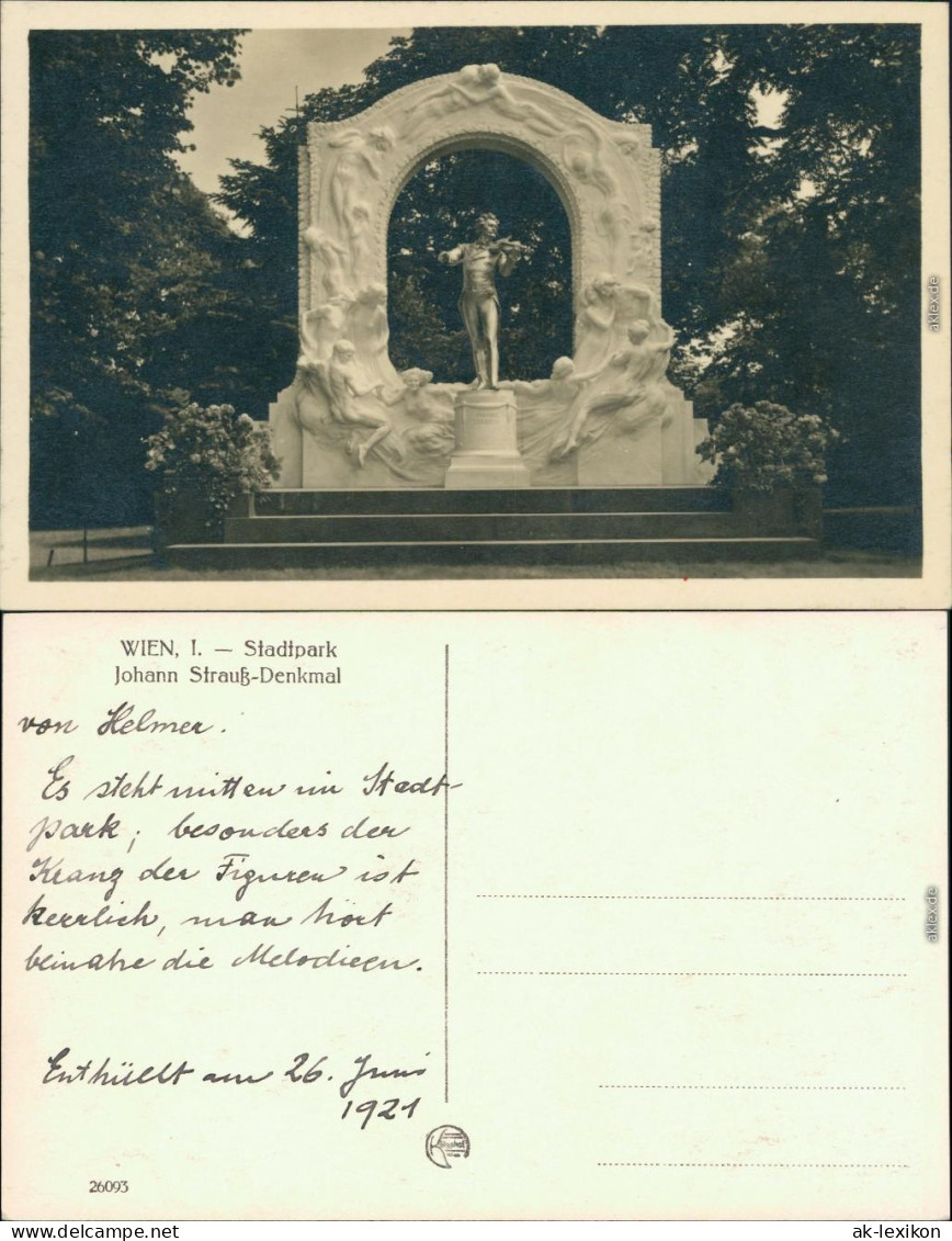 Ansichtskarte Wien Stadtpark Mit Johann-Strauß-Denkmal 1921 - Andere & Zonder Classificatie