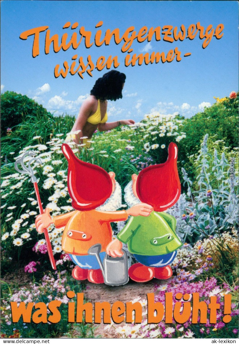 Ansichtskarte  Thüringenzwerge - Frau Im Bikini Beim Blumen Pflücken 2001 - Humor