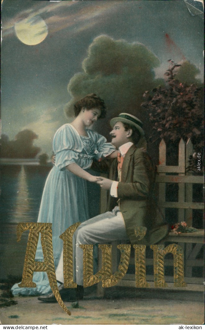 Ansichtskarte  Liebespaare Am See Bei Mondenschein "Alwin" 1912 Goldrand - Couples