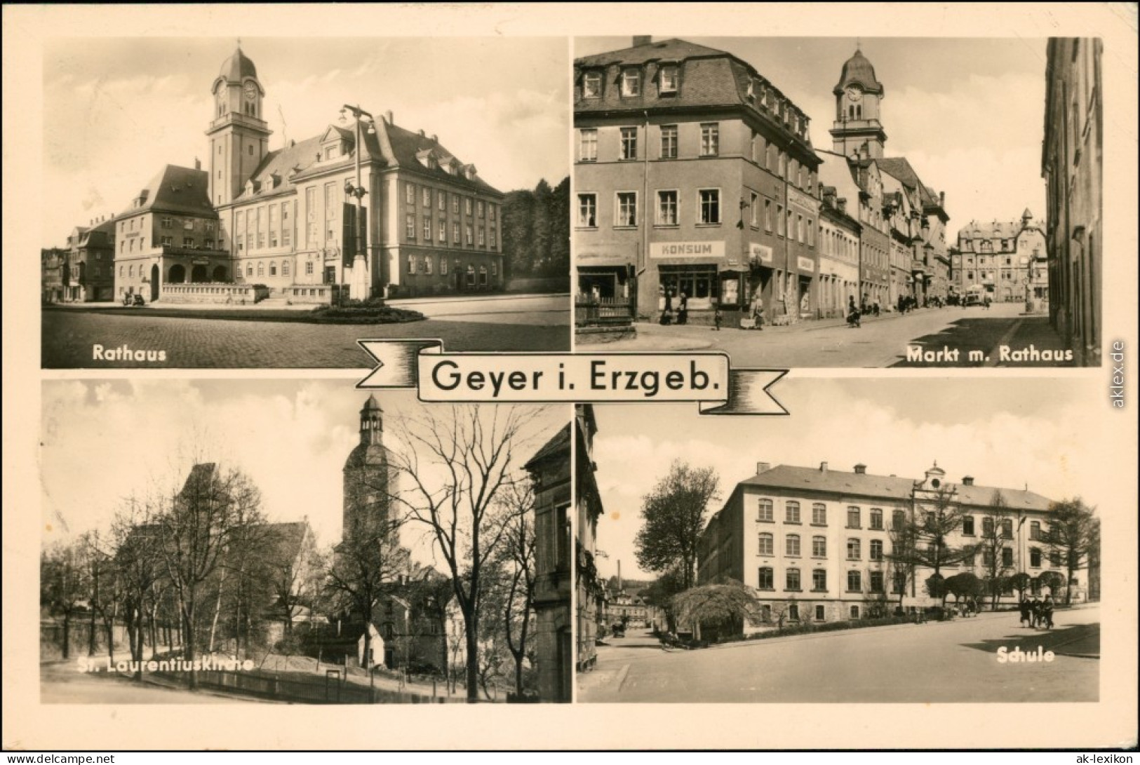 Ansichtskarte Geyer Rathaus, Markt, St. Laurentiuskirche, Schule 1963 - Geyer