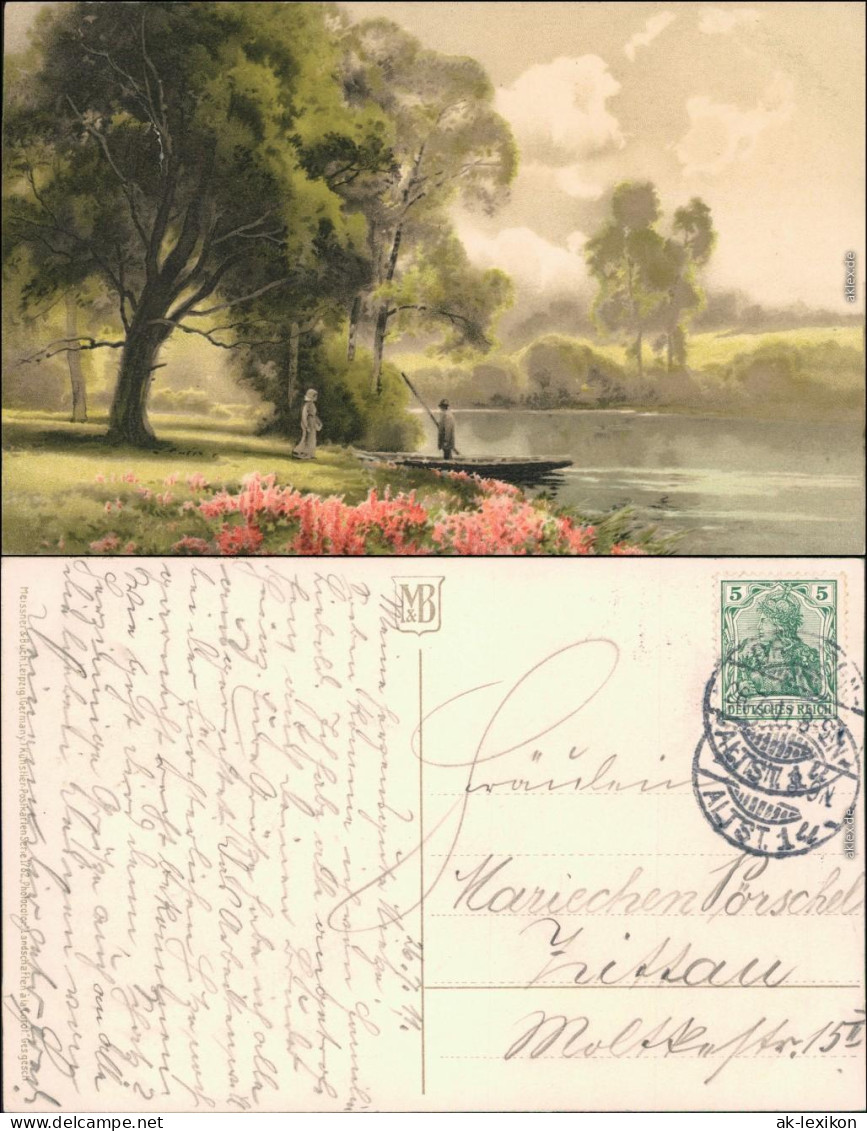 Ansichtskarte  Künstlerkarte - Landschaftspark, Paar, Boot 1911 - 1900-1949