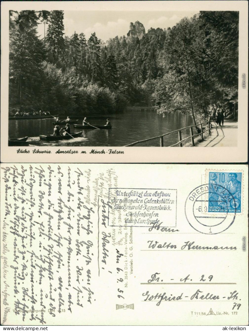 Ansichtskarte Rathen Amselsee Mit Mönch / Mönchstein (Fels) 1956 - Rathen