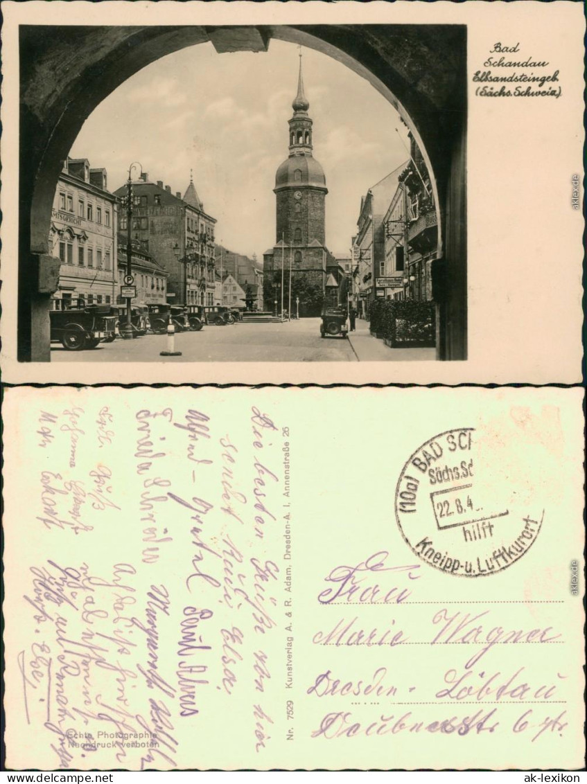 Ansichtskarte Bad Schandau Kirche, Platz, Geschäfte, Autos 1940 - Bad Schandau