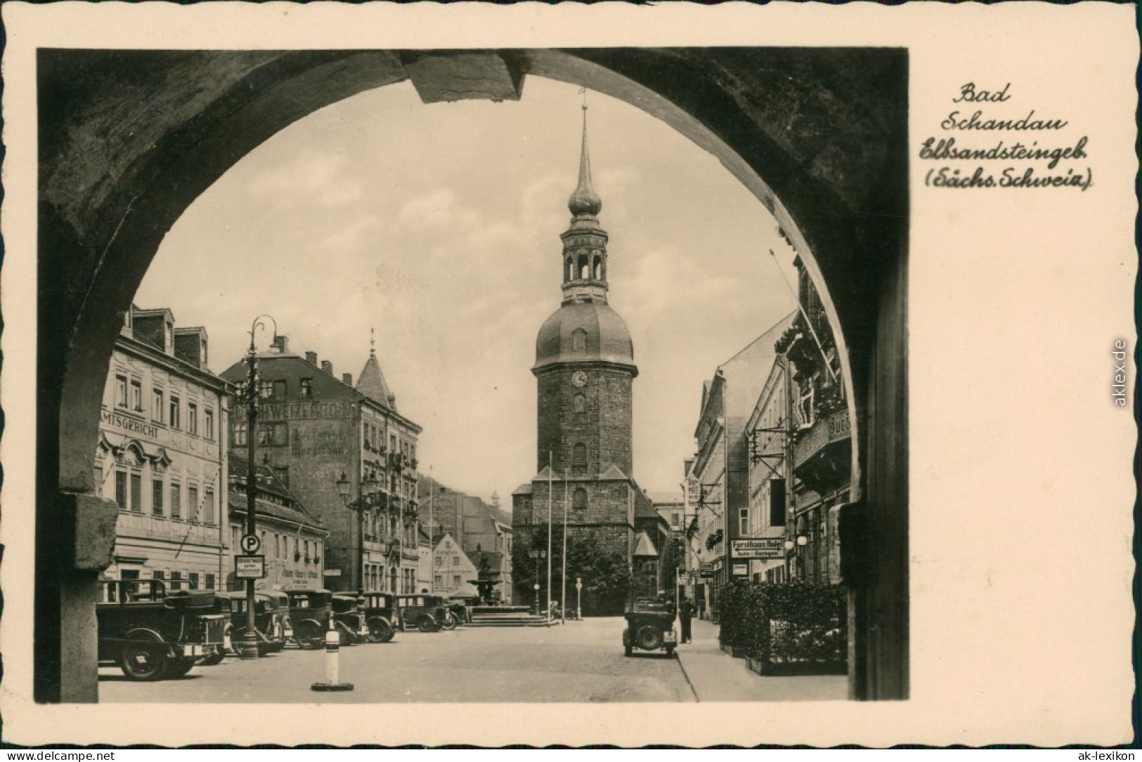 Ansichtskarte Bad Schandau Kirche, Platz, Geschäfte, Autos 1940 - Bad Schandau